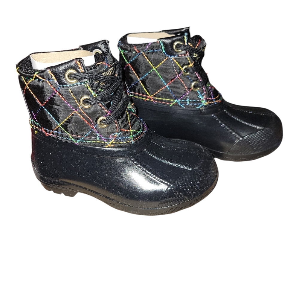 NIB Sperry Kids Black Boots with Rainbow Stitching Little Girls SZ 6